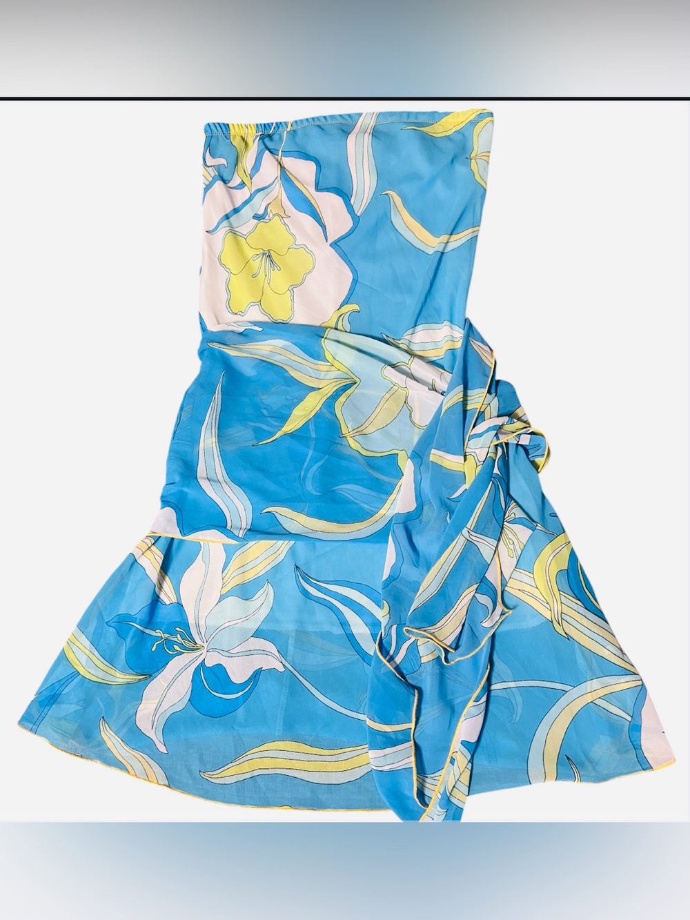 Lani Vintage Blue Floral Strapless Tube Mini Dress Ruched Layered Size L USA